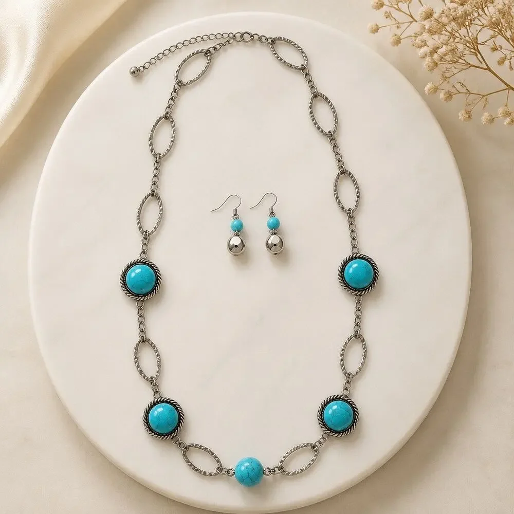 Curated Santa Fe Turquoise Cabochon Station & Silver Bead Earring Set